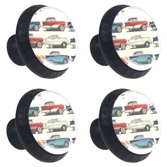 4 Pcs Retro Car Print Cabinet Knobs 30mm Round Crystal Glass Drawer Handles Pulls with Screws for Kitchen Cupboard Wardrobe Closet Dresser, Home&Office