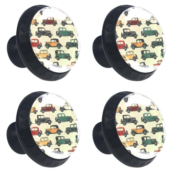 4 Pcs Retro Cars Pattern Print Cabinet Knobs 30mm Round Crystal Glass Drawer Handles Pulls with Screws for Kitchen Cupboard Wardrobe Closet Dresser, Home&Office