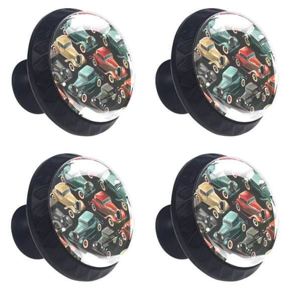 4 Pcs Retro Cars Print Cabinet Knobs 30mm Round Crystal Glass Drawer Handles Pulls with Screws for Kitchen Cupboard Wardrobe Closet Dresser, Home&Office