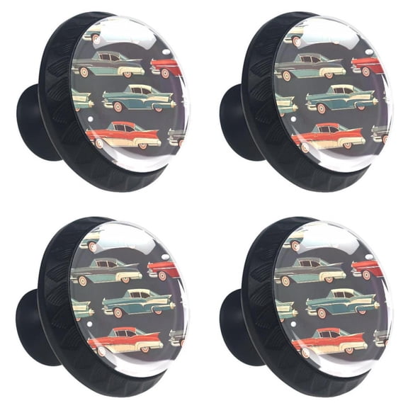 4 Pcs Retro Cars Print Cabinet Knobs 30mm Round Crystal Glass Drawer Handles Pulls with Screws for Kitchen Cupboard Wardrobe Closet Dresser, Home&Office