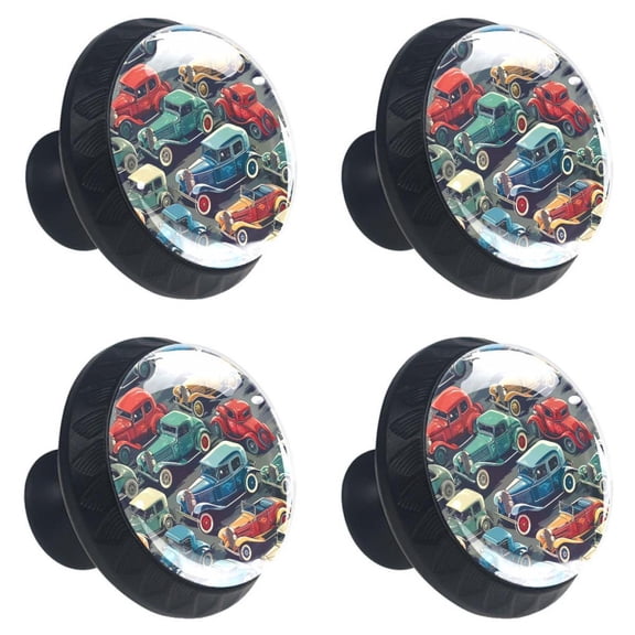4 Pcs Retro Cars on Road Print Cabinet Knobs 30mm Round Crystal Glass Drawer Handles Pulls with Screws for Kitchen Cupboard Wardrobe Closet Dresser, Home&Office