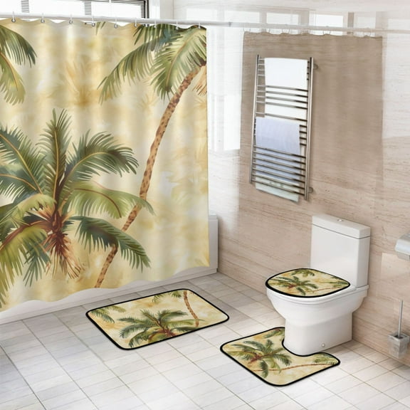 4 Pcs Retro Palm Trees Bathroom Shower Curtain Set with 12 Hooks Bath Mat Toilet Lid Cover