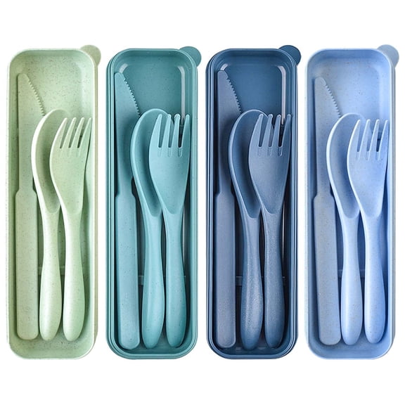 Lnrkai 4 Piece Reusable Utensils Set with Case, Plastic Silverware Cutlery Fork and Spoon Set for Travel Picnic Camping or Daily Use