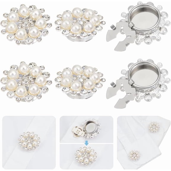 4 Pcs Rhinestone Button Covers Sleeve Buttons Cover Imitation Pearl Rhinestone Cufflinks Button Metal Platinum