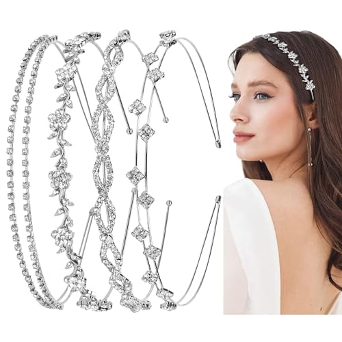 4 Pcs Rhinestone Headbands for Women Silver Bridal Headband Crystal Flower Girl Headpiece Flower Leaf Tiara Crown Head Band Wedding Hair Accessories for Girls