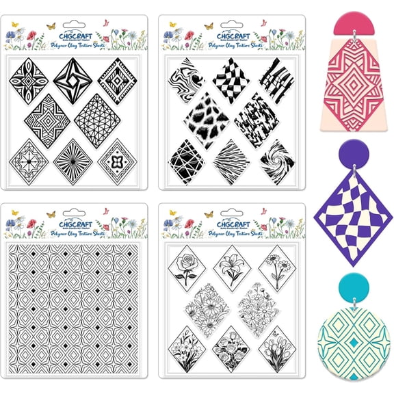 4 Pcs Rhombus Pattern Polymer Clay Texture Sheets Abstract Art Silicone Texture Stamp Rhombus Flowers Modeling Pattern Pad Sheets for Jewelry and Earrings Tools 5.5x5.5 inch diy