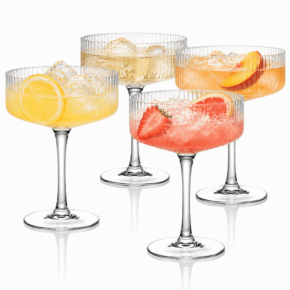 4 Pcs Ribbed Coupe Cups, 10 oz Vintage Martini Cups, Clear Plastic Cocktail Drinkware for Espresso Martinis, Margaritas & Champagne, Bar Party Supplies