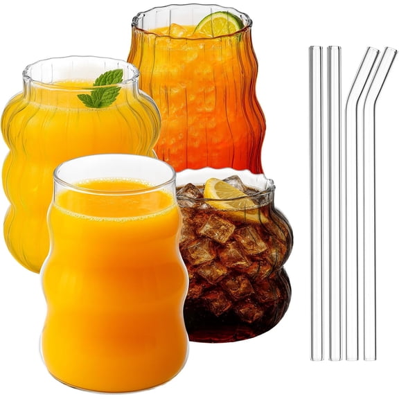 4 Pcs Ribbed Glass Cups with Glass Straw, Vintage Drinking Glassware with Wave Shape Design, Bubble Cups for Iced Coffee, Juice, Beverage, Milk, Cocktails, Bubble Tea, and More