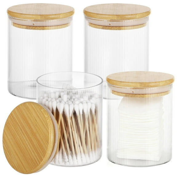 4 Pcs Ribbed Glass Jars Set 11.8 fl oz / 350 ml, Kitchen Storage Jars with Lids, Jars for Bathroom, 3.5 in x 3 in Clear Small Food Storage Box, Containers for Cotton Swabs, Q-Tips, and Cotton Balls