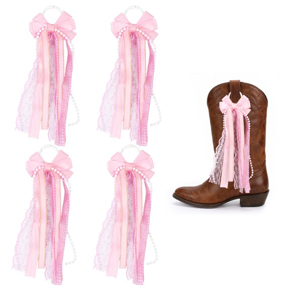 4 Pcs Ribbon Boot Bow Martin Boot Bow,Western Shoe Accessory Present for Wedding Holiday Birthday School Accessory Decor,Pink Color
