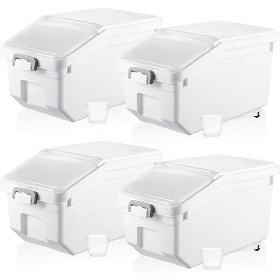 4 Pcs Rice Storage Containers Bulk Flour Sugar Container Wheels Measuring Cups Set Airtight Pet Dog Cat Birds Food Bin Grain Cereal Organizer Box for Dry Baking(White,22 lb)