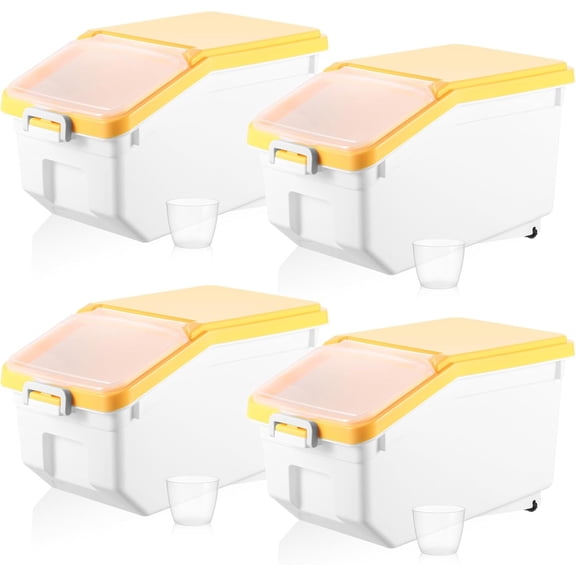 4 Pcs Rice Storage Containers Bulk Flour Sugar Container Wheels Measuring Cups Set Airtight Pet Dog Cat Birds Food Bin Grain Cereal Organizer Box for Dry Baking(Yellow,22 lb)