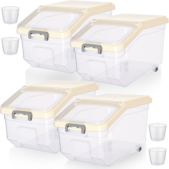 4 Pcs Rice Storage Containers Bulk Flour Sugar Container Wheels Measuring Cups Set Airtight Pet Dog Cat Birds Food Bin Grain Cereal Organizer Box for Dry Baking(Beige,22 lb)