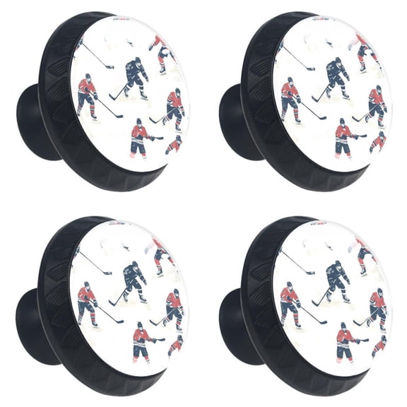 4 Pcs Rink Ice Hockey Players Print Cabinet Knobs 30mm Round Crystal Glass Drawer Handles Pulls with Screws for Kitchen Cupboard Wardrobe Closet Dresser, Home&Office