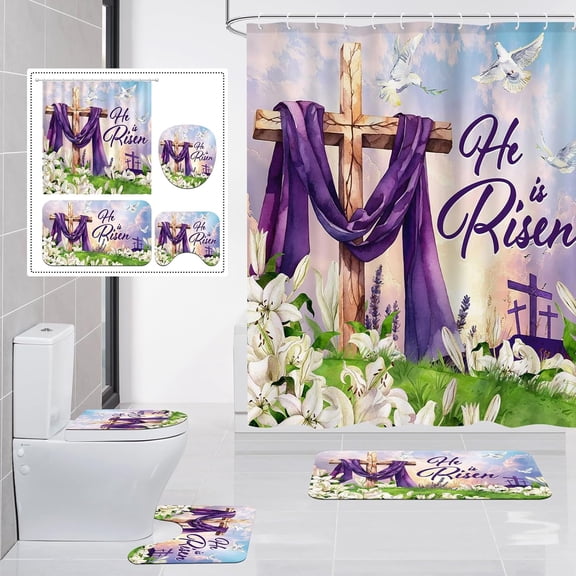 4 Pcs He is Risen Shower Curtain Set, Easter Christian Bathroom Decor with Rugs (Bath Mat,U Shape,Toilet Lid Cover) and 12 Durable Hooks, Waterproof and Anti-Slip