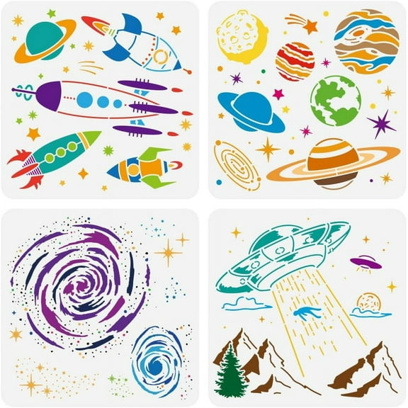 4 Pcs Rocket Painting Stencil 11.8x11.8inch Reusable Outer Space Planet Pattern Drawing Template DIY Galaxy Black Hole UFO Decoration Stencil for Painting on Wood Wall Fabric Furniture for DIY