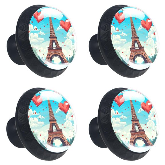 4 Pcs Romantic Eiffel Tower Red Heart Print Cabinet Knobs 30mm Round Crystal Glass Drawer Handles Pulls with Screws for Kitchen Cupboard Wardrobe Closet Dresser, Home&Office