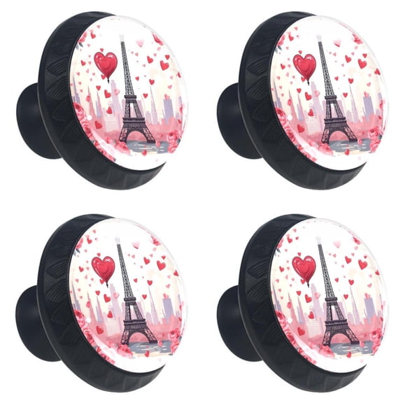 4 Pcs Romantic Eiffel Tower Red Heart Print Cabinet Knobs 30mm Round Crystal Glass Drawer Handles Pulls with Screws for Kitchen Cupboard Wardrobe Closet Dresser, Home&Office