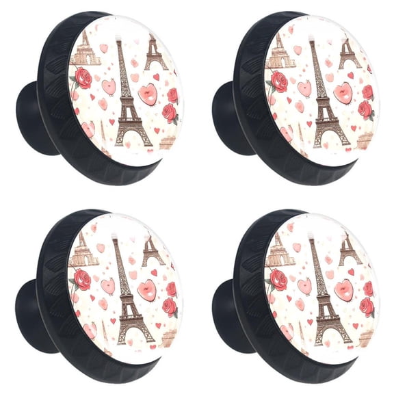 4 Pcs Romantic Eiffel Tower Red Heart Print Cabinet Knobs 30mm Round Crystal Glass Drawer Handles Pulls with Screws for Kitchen Cupboard Wardrobe Closet Dresser, Home&Office