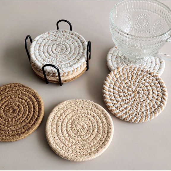 4 Pcs Rope Woven Coasters,Heat Insulation Absorbent Cup Mats,Boho Round Drink Mats for Coffee,Tea,Kitchen,Office,Home Decor