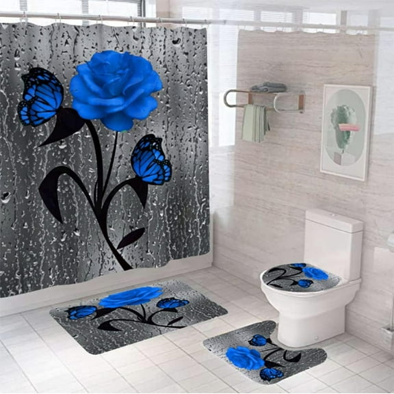 4 Pcs Rose Flower Shower Curtain Sets with with 12 Hooks Rug Bathroom Shower Curtain,, Toilet Mat Lid Rug Curtain Sets,Bathroom Sets with Shower Curtain and Rugs and Accessories, Red
