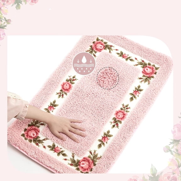 4 Pcs Rose Flowers Coquette Bathroom Rugs Set Coquette Doom Decor Rose Flower Area Rugs Non Slip Absorbent Washable Door Mat Floral Bathroom Carpet for Home Hotel, 4 Shapes(Pink)