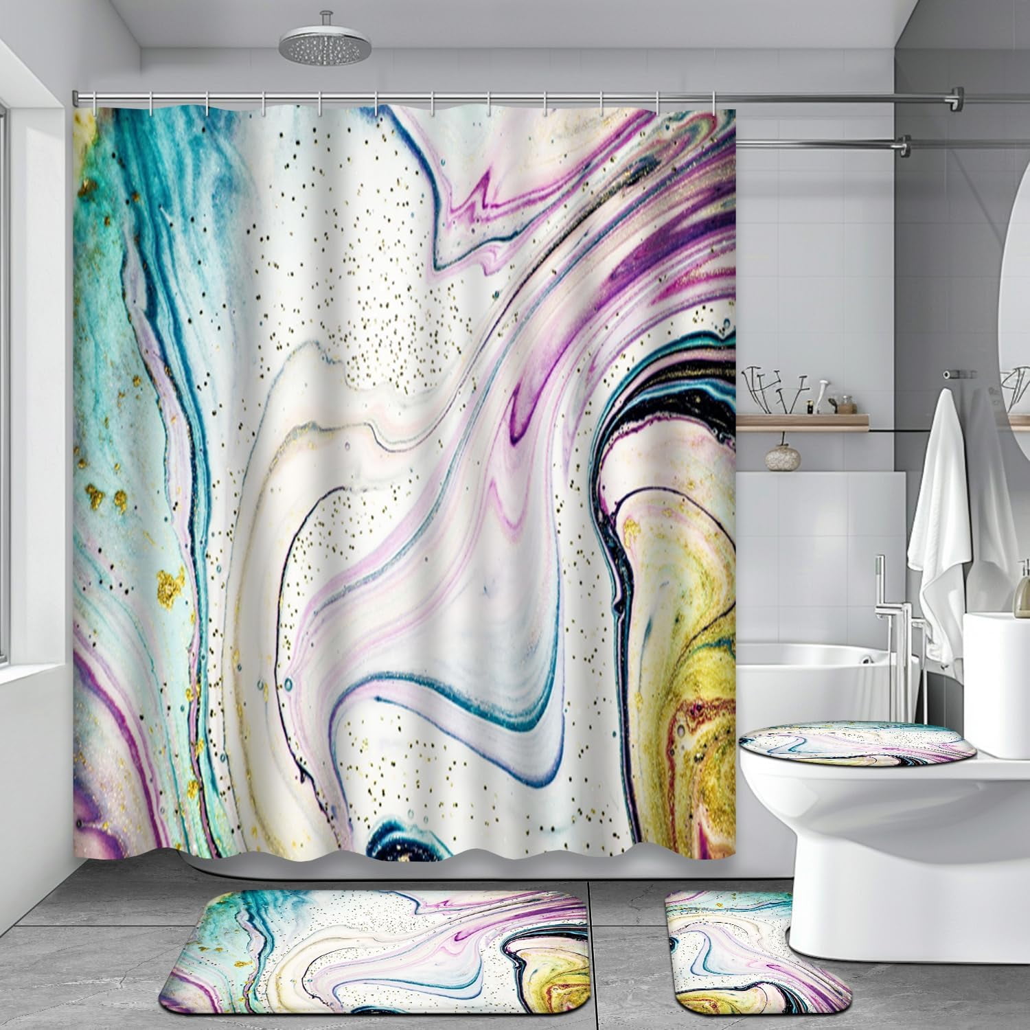 4 Pcs Rose Gold Foil Shower Curtain Sets with Rugs for Bathroom Decor ...