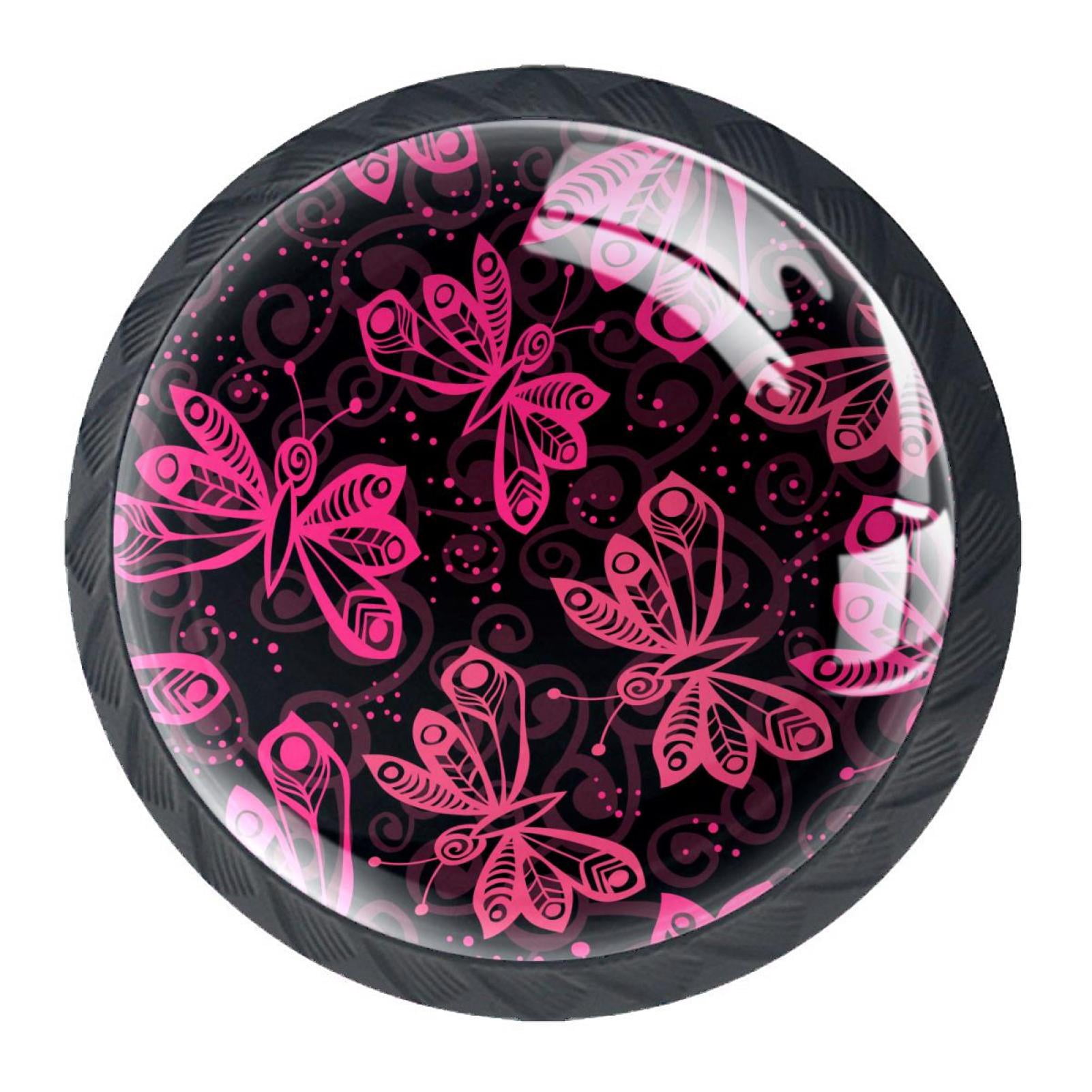 4 Pcs Rose Pink Butterflies Dark Knobs for Kitchen Cabinet Cupboard Dresser Bookcase Drawer Pulls Handles Round Home Decor