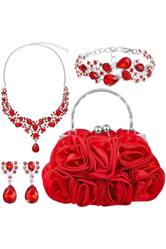 4 Pcs Rose Rhinestone Jewelry Set with Clutch Bag, Detachable Chain & Matching Accessories, Elegant Wedding Party Prom Valentine Gift Set for Women