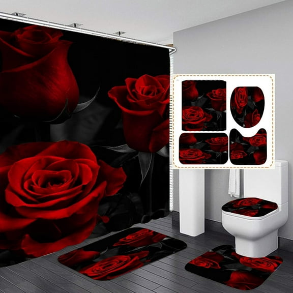 4 Pcs Rose Shower Curtain Set, Flower Romantic Rose Curtain with Non-Slip Rug,Toilet Lid Cover,U Shape Mat,Waterproof Shower Curtains with 12 Hooks Bathroom Decor, Red Black 72"×72"