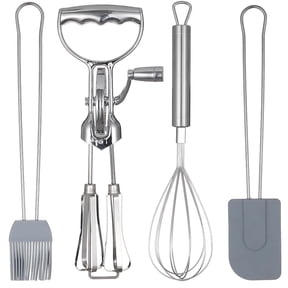 4 Pcs Egg Beater Set, Stainless Steel Hand Crank Mixer with Whisk & Baking Tools, Dual Head Rotary Egg Beater for Cooking