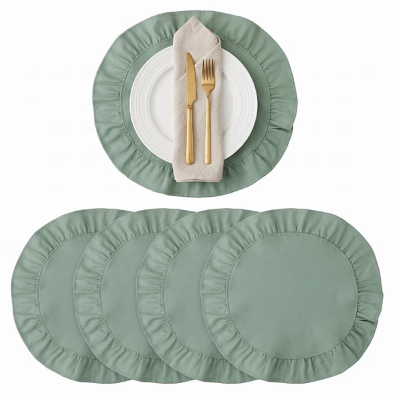 4 Pcs Round Ruffled Linen Blend Placemats, Washable Scalloped Edge Table Mats for Kitchen Dining Table, Holiday Wedding Birthday Party, Rustic Farmhouse Country Home Decor (Terracotta, 15 Inch)