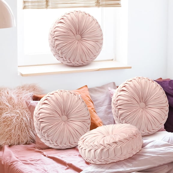 4 Pcs Round Throw Pillows 15 Inch Decorative Velvet Pleated Pumpkin Floor Boho Pillows for Living Room Couch Chair Bed Sofa (Light Pink)