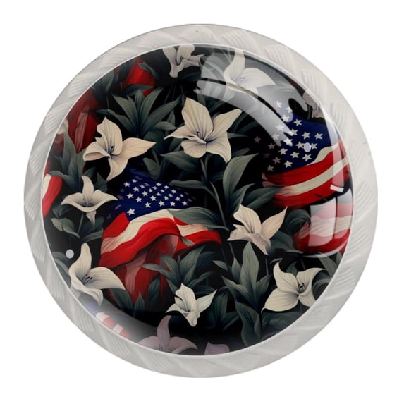 4 Pcs Round White Knobs for Kitchen Cabinet Cupboard Dresser Bookcase American Flag and Plants Drawer Pulls Handles Home Decor