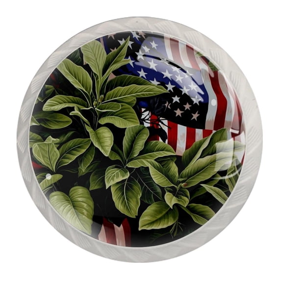 4 Pcs Round White Knobs for Kitchen Cabinet Cupboard Dresser Bookcase American Flag and Plants Drawer Pulls Handles Home Decor