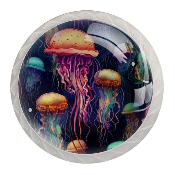 4 Pcs Round White Knobs for Kitchen Cabinet Cupboard Dresser Bookcase Colorful Jellyfish Drawer Pulls Handles Home Decor