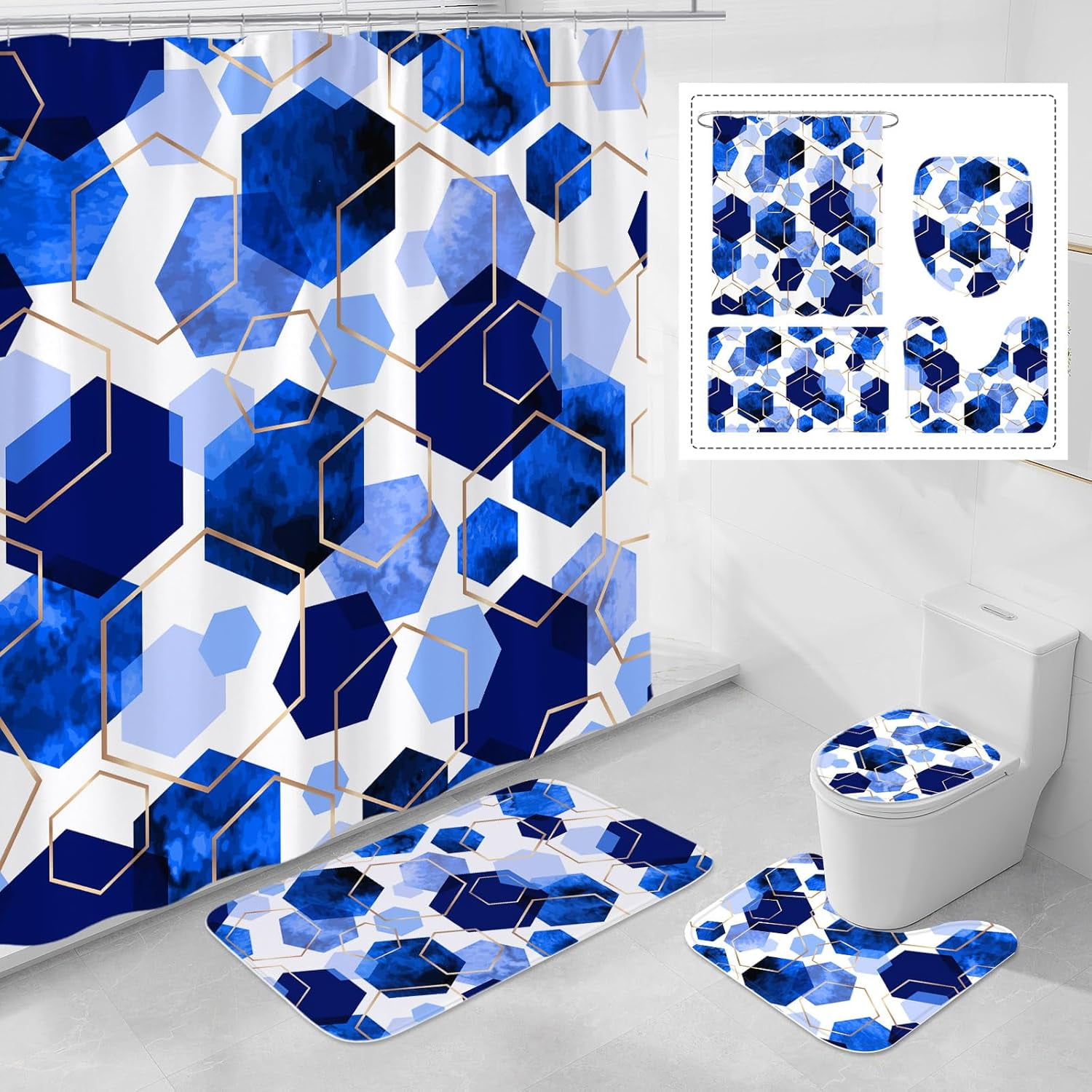 4 Pcs Royal Blue Modern Geometric Shower Curtain Set with Non-Slip Rugs, Toilet Lid Cover and Bath Mat, Abstract Bathroom Decor Set with Shower Curtain and Rugs