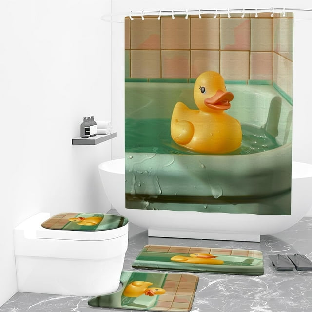 4 Pcs Rubber Duck Shower Curtain Set with 12 Hooks for Bathroom Sets