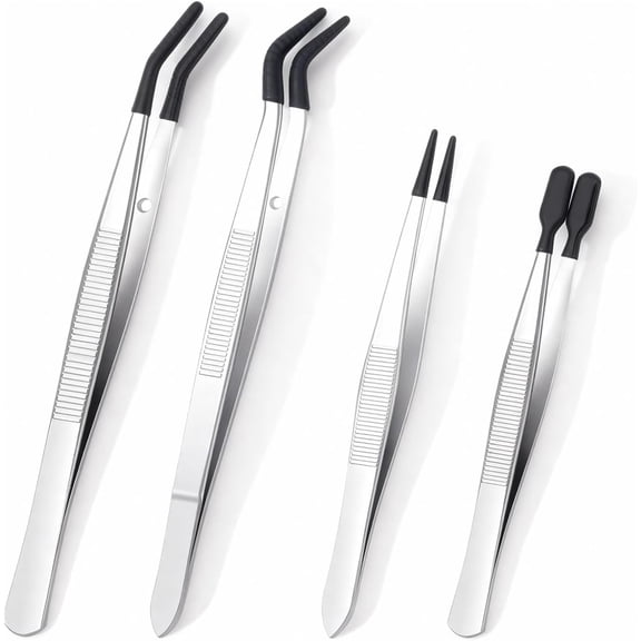 4 Pcs Rubber Tip Tweezers Set, Non-Scratch PVC Coated Tips - Fine Point, Flat & Bent Head Tweezers for Crafts, Jewelry Making, Electronics, Eyelash Extensions