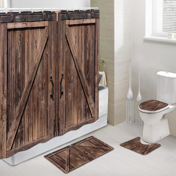 4 Pcs Rustic Barn Door Shower Curtain Set with Non-Slip Rug, Toilet Lid Cover, Bath Mat and 12 Hooks, Vintage Wooden Gate Waterproof 72"X72"Shower Curtain Set for Bathroom