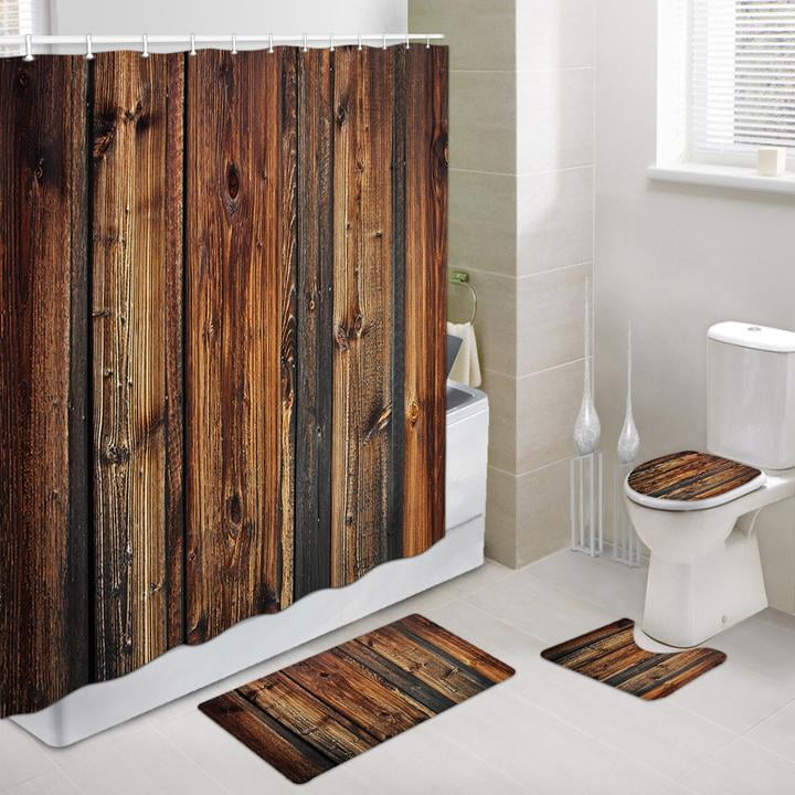 4 Pcs Rustic Barn Door Shower Curtain Set with Non-Slip Rug, Toilet Lid ...
