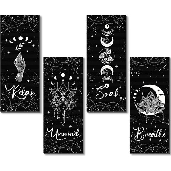 4 Pcs Rustic Boho Wall Decor Moon Phases Wall Art Witchy Room Decor Relax Soak Unwind Breathe Hanging Gothic Minimalist Pediments Farmhouse Moon Sign for Bathroom (Black,White)