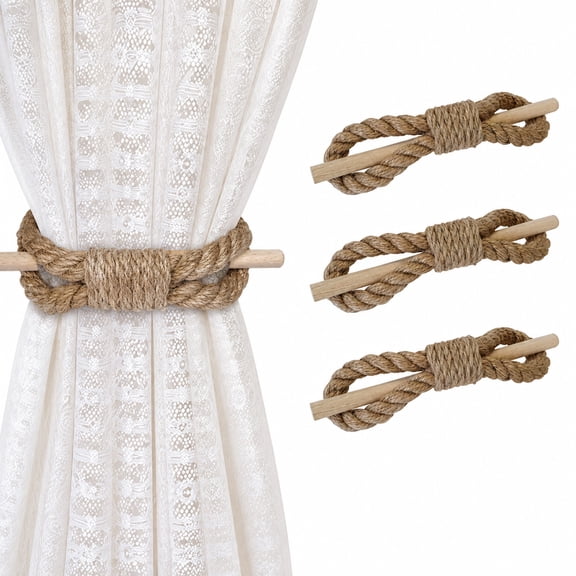 4 PCS Rustic Curtain Tiebacks, 9.8" Natural Jute Rope with Wood Club, Farmhouse Curtain Holdbacks for Living Room Bedroom Boho Decor