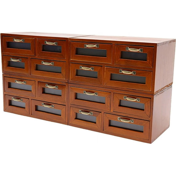 4 Pcs Rustic Desktop Drawer Organizers Vintage Library Card Catalog Cabinet with 4 Drawers Wooden Storage Box with Metal Handle Stackable Multi Drawer Apothecary Cabinet for Home Office Storage, Brown
