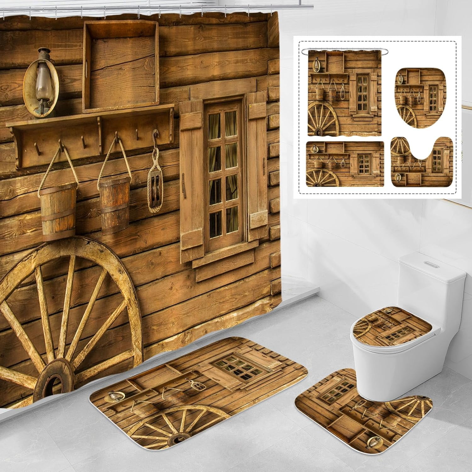 4 Pcs Rustic Farmhouse Door Shower Curtain Set with NonSlip Rugs
