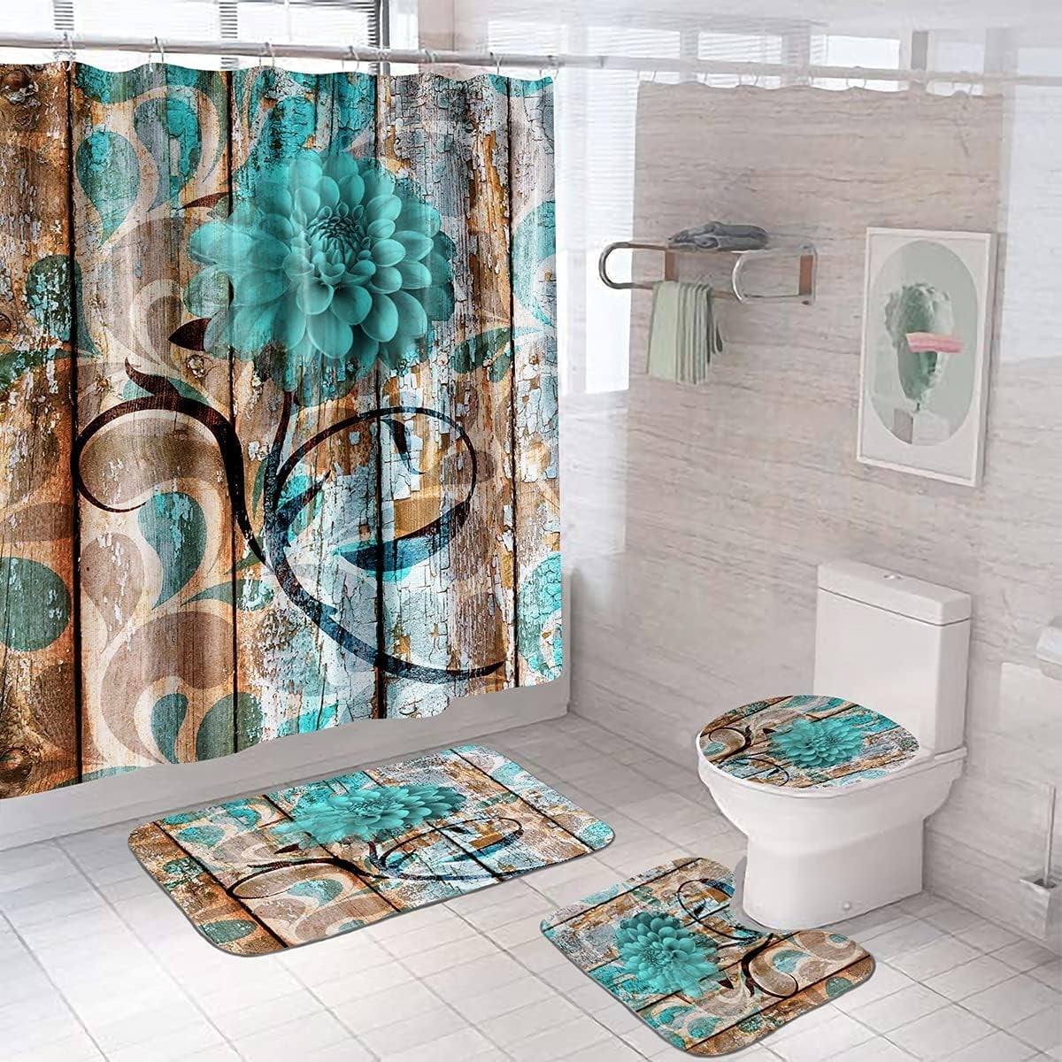 Toilet Lid Cover & U-Shaped Bath Mat Set - Farmhouse Teal Daisy Floral, Machine Washable, Non-Slip