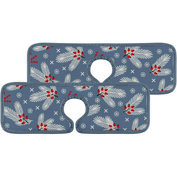 4 Pcs SKYSONIC Faucet Absorbent Mat Merry Christmas Winter Branches Washable Counter Drying Pads Behind Faucet for Kitchen Bathroom