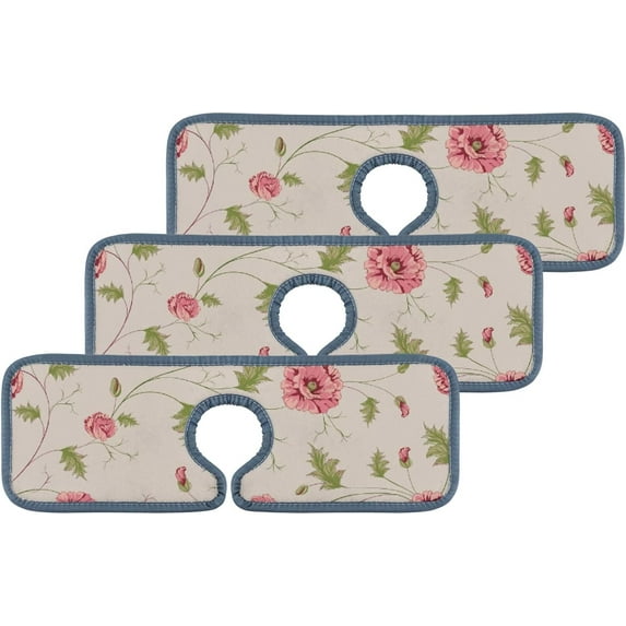 4 Pcs SKYSONIC Faucet Absorbent Mat Pattern of Flowers Washable Counter Drying Pads Behind Faucet for Kitchen Bathroom