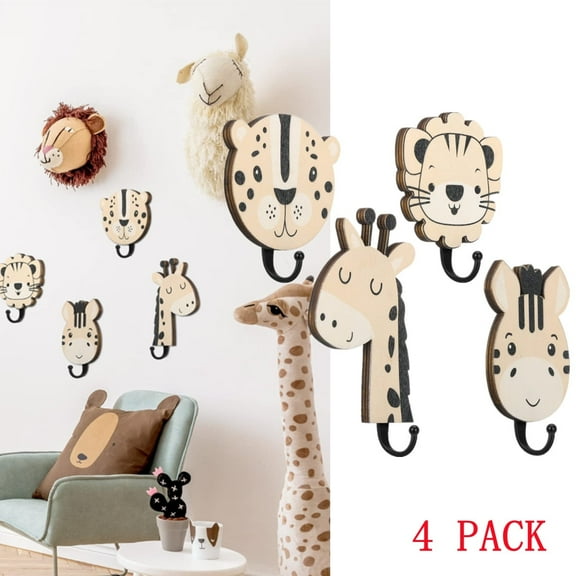 4 Pcs Safari Animal Decorative Wall Hooks Kids Wooden Jungle Baby Nursery Hooks Cute Towel Hanger for Childs Nursery Bathroom Bedroom Home Decor