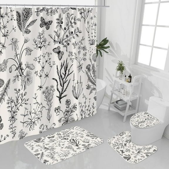 4 Pcs Sage Green Floral Shower Curtain Sets with Non-Slip Rug, Toilet Lid Cover and Bath Mat for Cottagecore Green Bathroom Decor, Botanical Shower Curtain Modern Farmhouse Bathroom Set